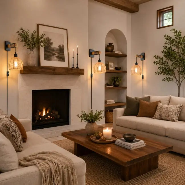 Rustic Rattan Wall Sconces Set of 2 – Plug-In Farmhouse Wall Lights with Metal Frame for Bedroom, Living Room & Hallway