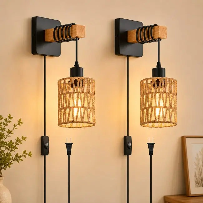 Rustic Rattan Wall Sconces Set of 2 – Plug-In Farmhouse Wall Lights with Metal Frame for Bedroom, Living Room & Hallway