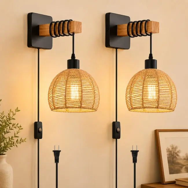 Rustic Rattan Wall Sconces Set of 2 – Plug-In Farmhouse Wall Lights with Metal Frame for Bedroom, Living Room & Hallway
