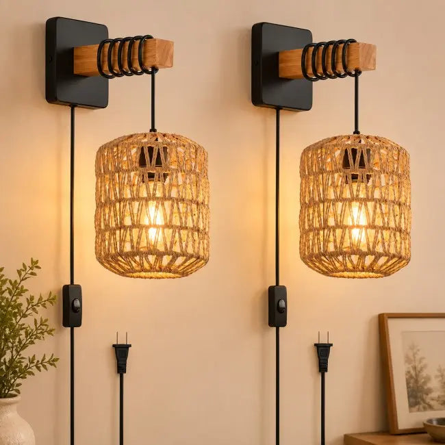 Rustic Rattan Wall Sconces Set of 2 – Plug-In Farmhouse Wall Lights with Metal Frame for Bedroom, Living Room & Hallway
