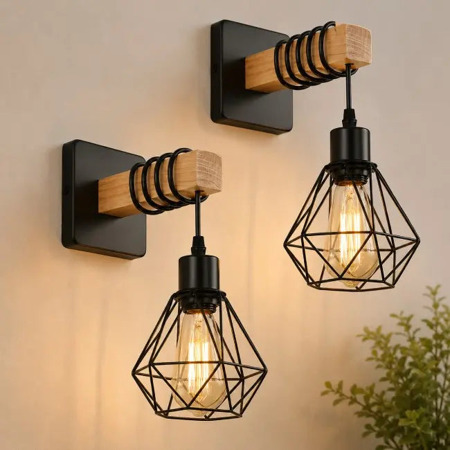 Rustic Rattan Wall Sconces Set of 2 – Plug-In Farmhouse Wall Lights with Metal Frame for Bedroom, Living Room & Hallway