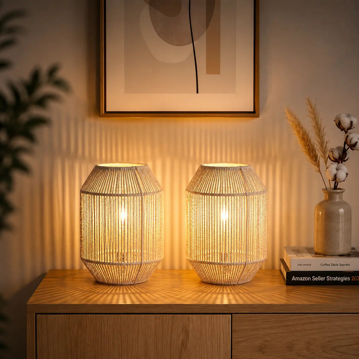 Modern cordless woven table lamp with warm ambient lighting for bedroom and living room décor