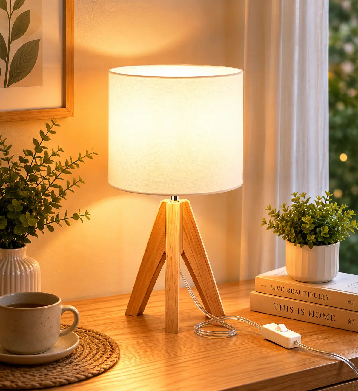 Modern wooden tripod table lamp with linen fabric shade on a bedside table, perfect for bedroom, living room and cozy home lighting
