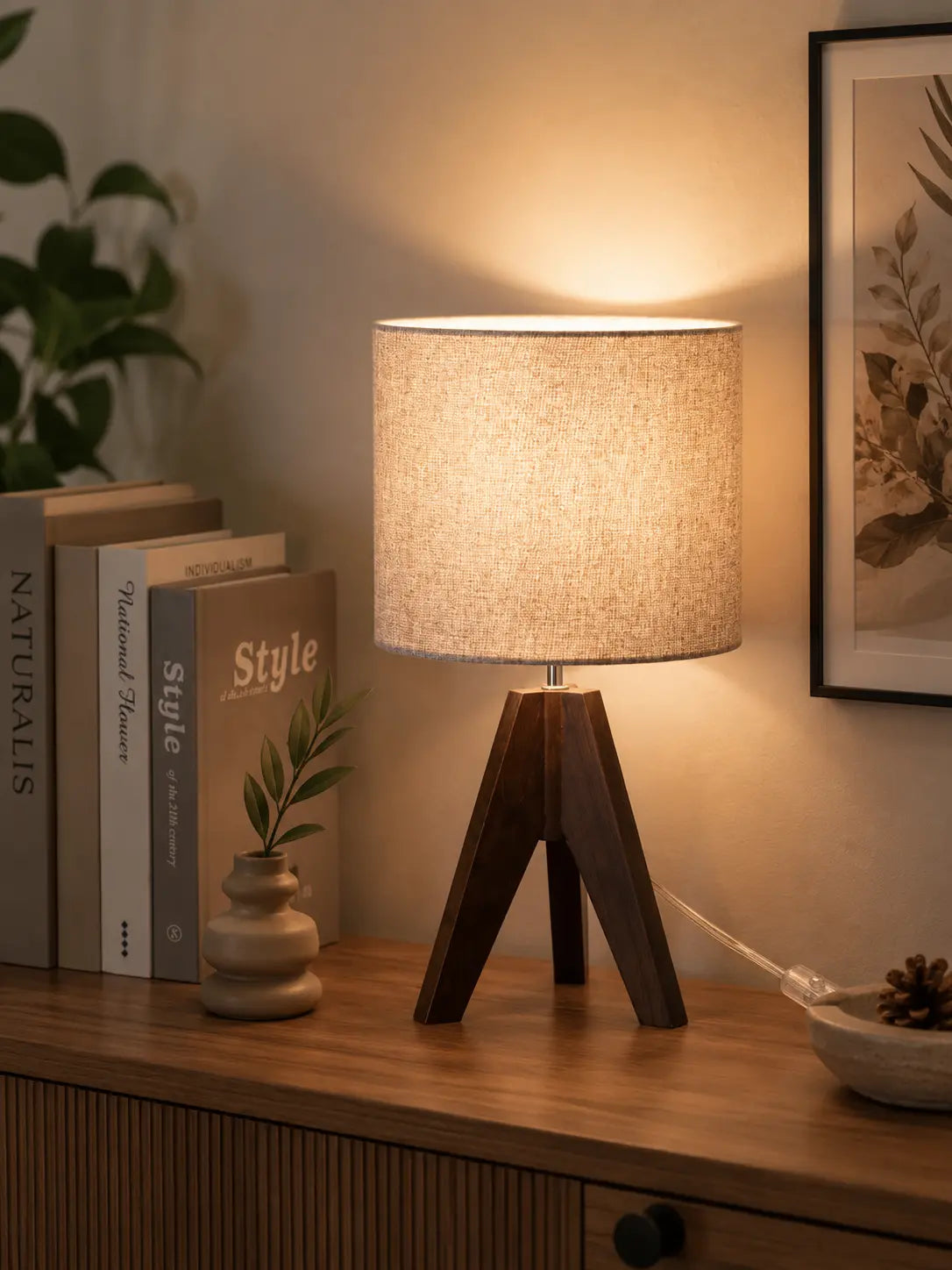 Modern wooden tripod table lamp with linen fabric shade on a bedside table, perfect for bedroom, living room and cozy home lighting