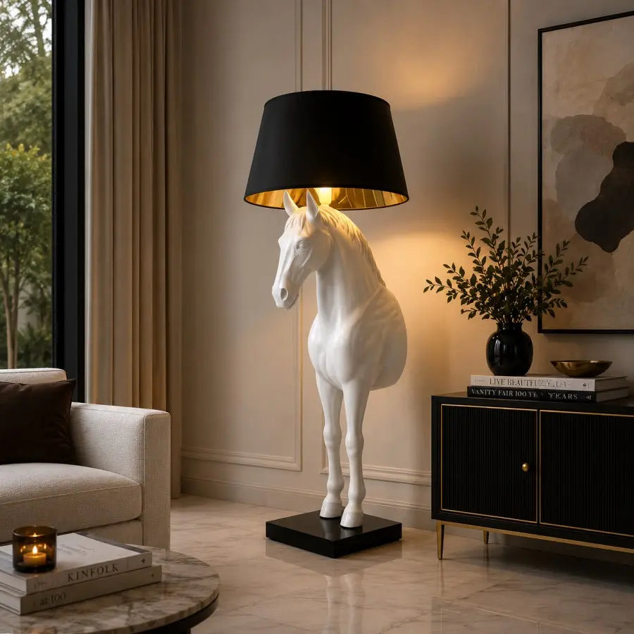 Modern Horse Sculpture Floor Lamp with Black Drum Shade